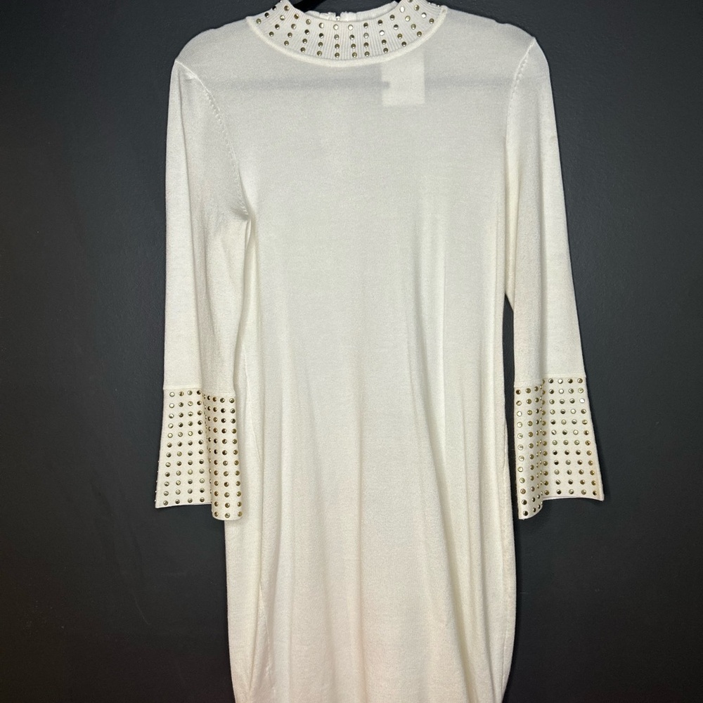 Calvin Klein Collection Cream Sheath Dress with Bell Sleeves